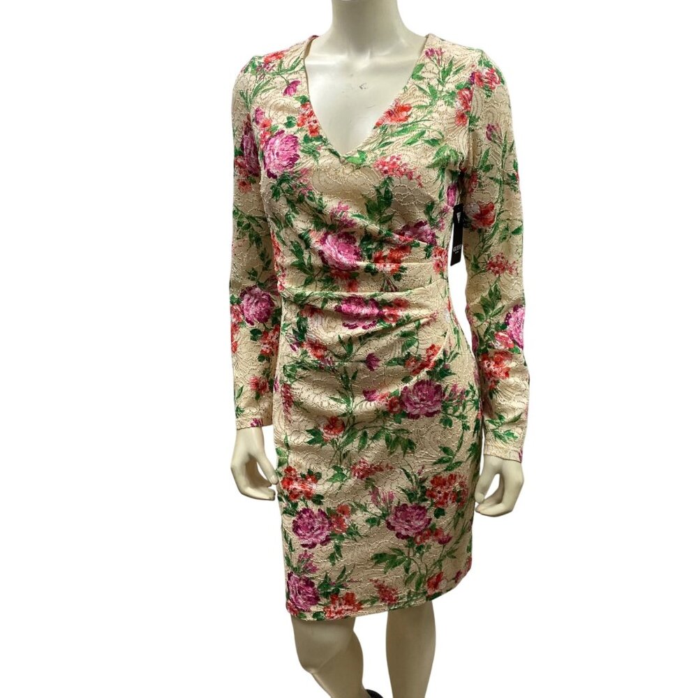 Guess Womens Floral Lace Long Sleeve Dress Beige/Pink Size 8‎ NWT
